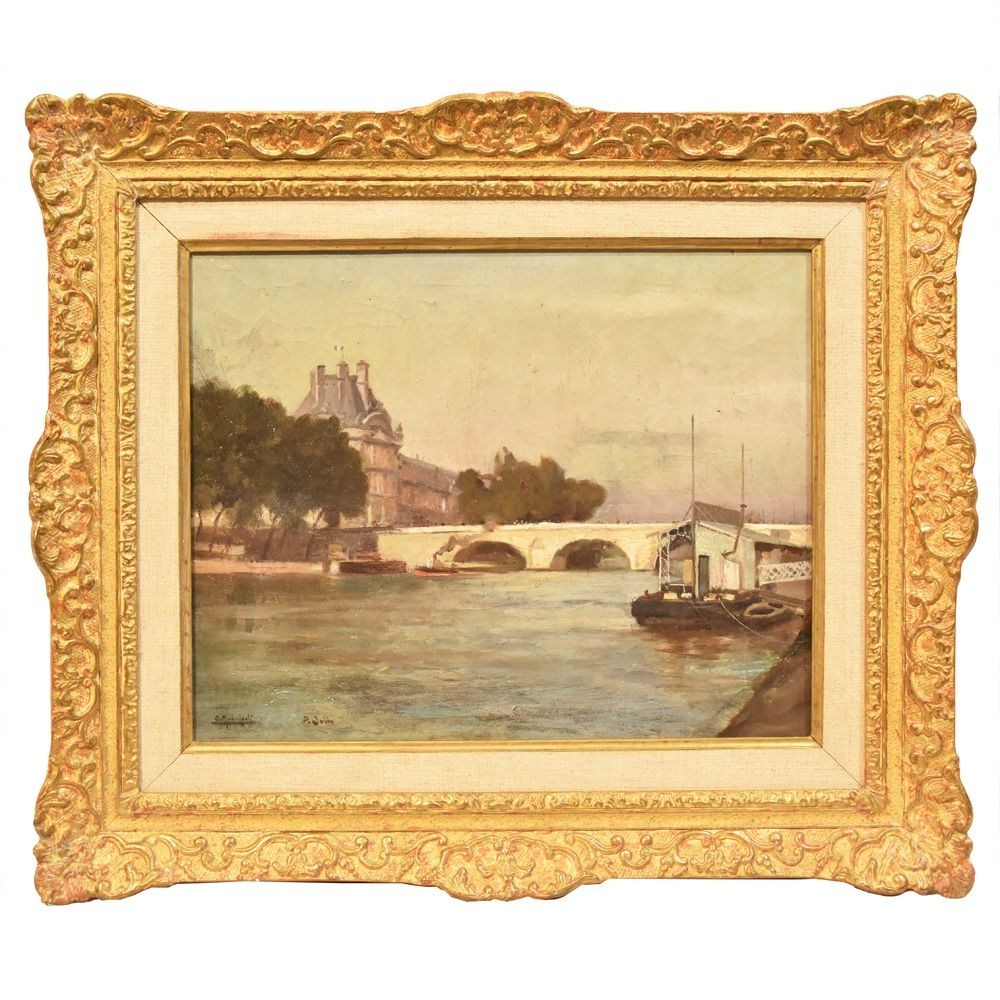 A antique painting pont neuf paris landscape painting oil painting on canvas 19th 1800s century.jpg